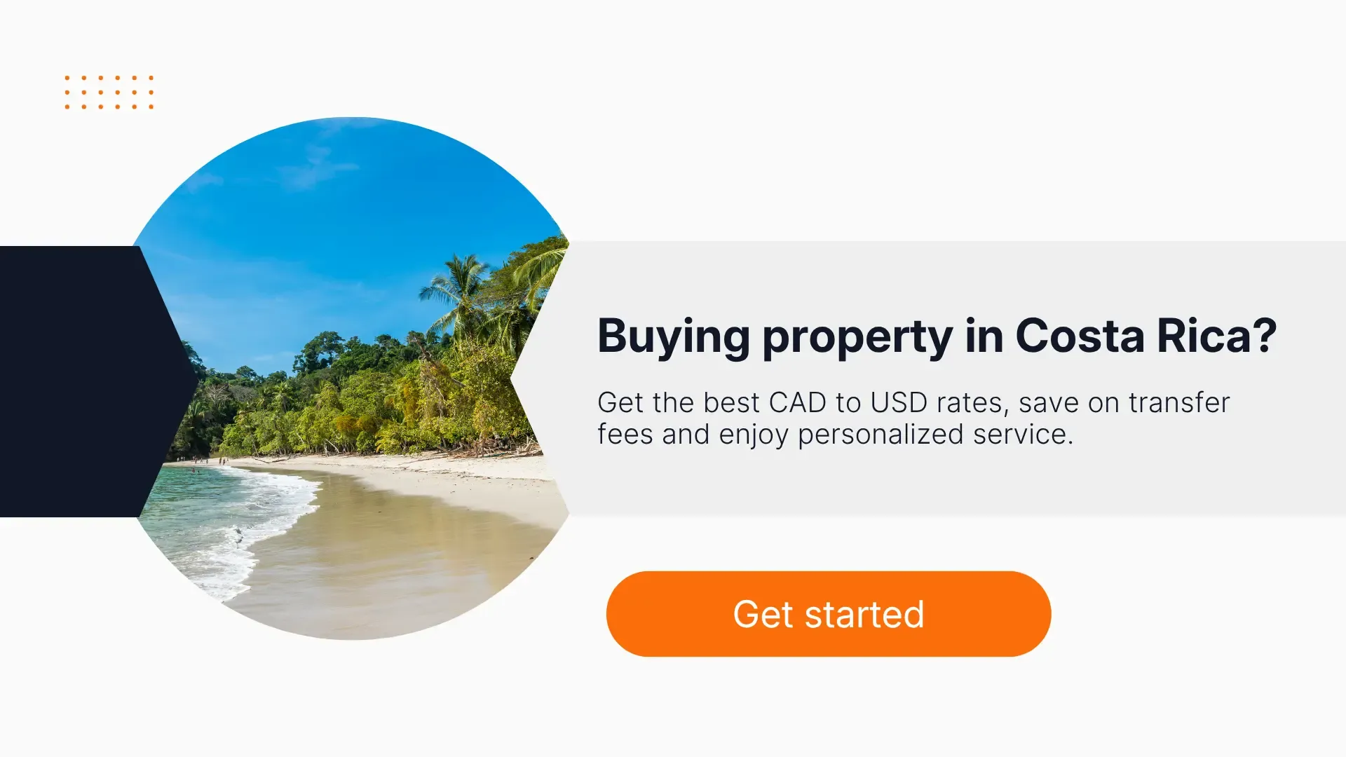 Costa Rica beach with palm trees and ocean waves beside text about buying property and a “Get started” button