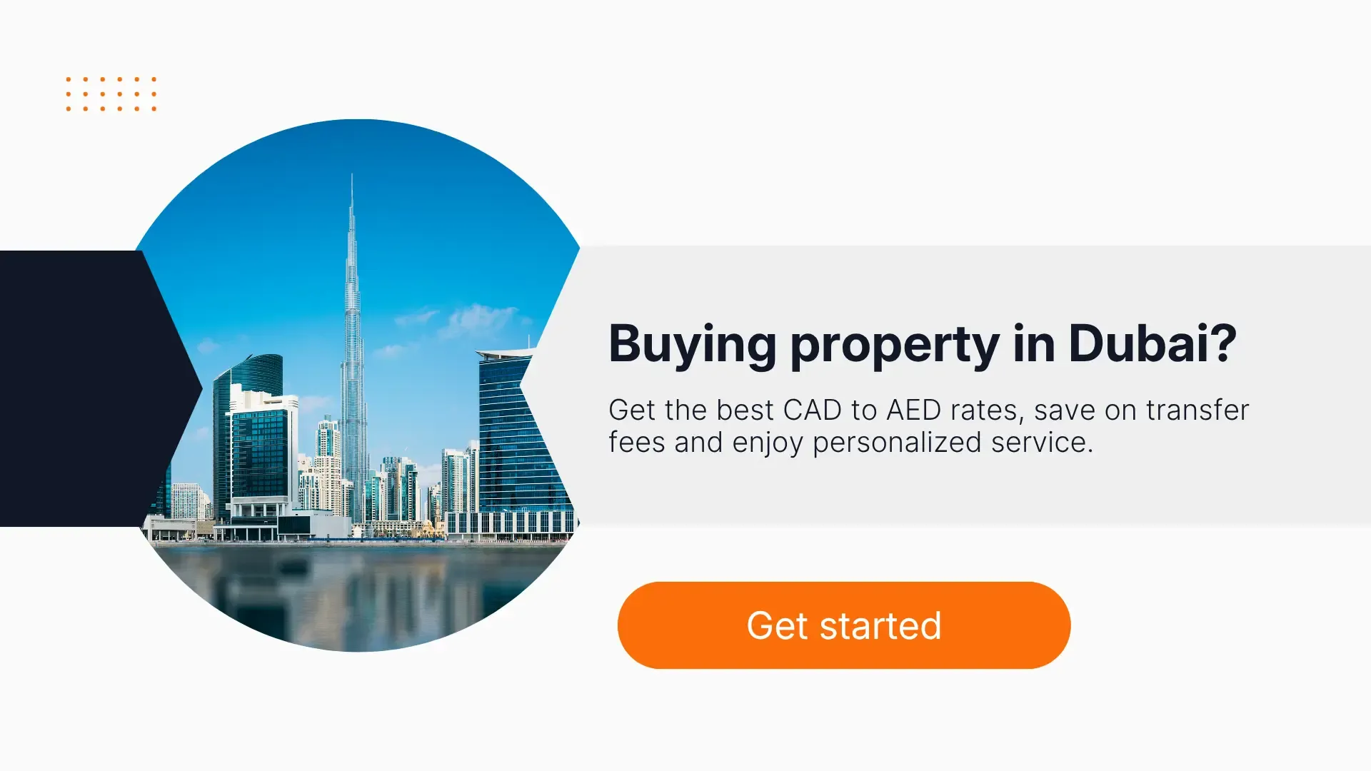 Dubai skyline with Burj Khalifa featured in an MTFX banner about buying property in Dubai and saving on CAD to AED transfer fees.