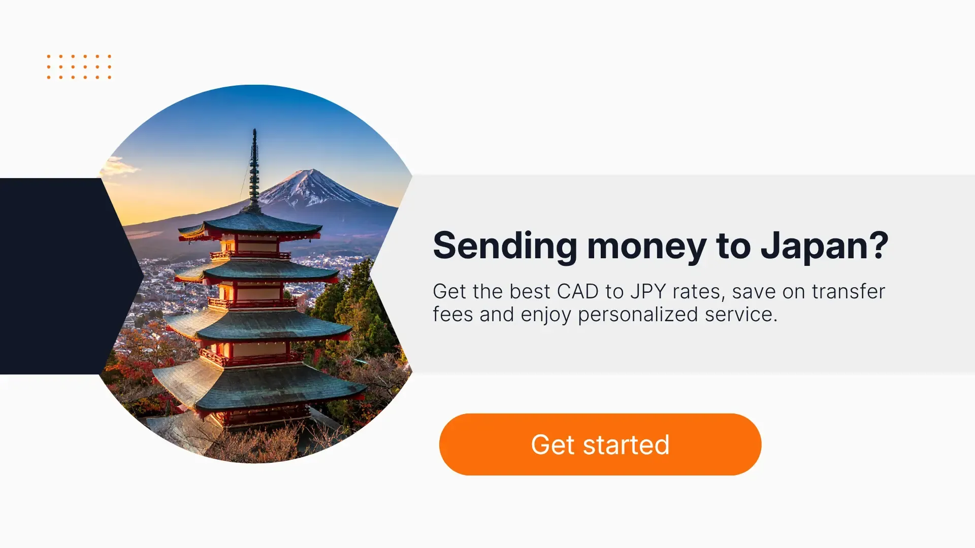 Mount Fuji and Chureito Pagoda featured in an MTFX banner about sending money to Japan with competitive CAD to JPY exchange rates and lower transfer fees.