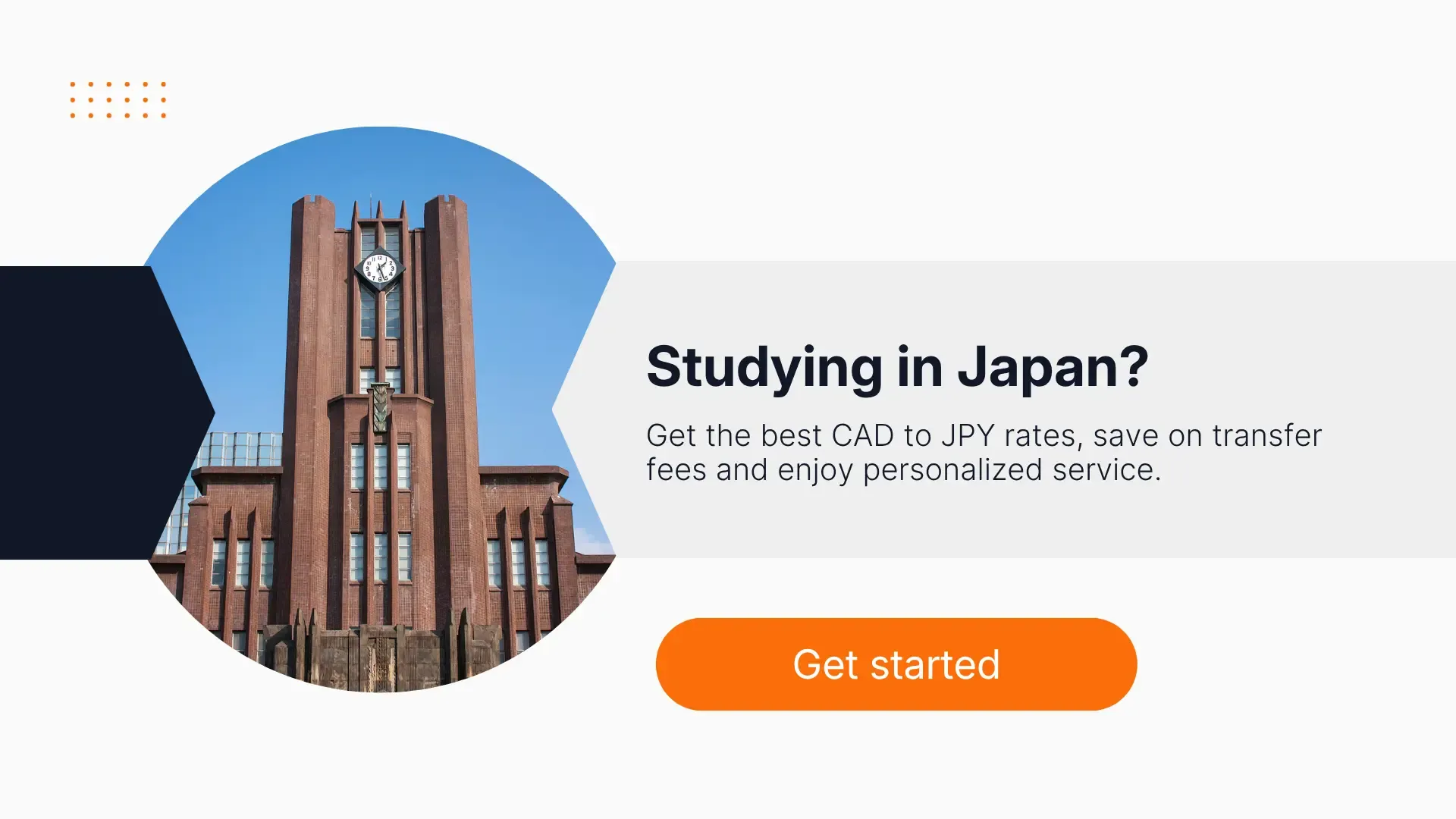 MTFX banner featuring a university building in Japan promoting CAD to JPY exchange rates and affordable international tuition money transfers for students studying in Japan.