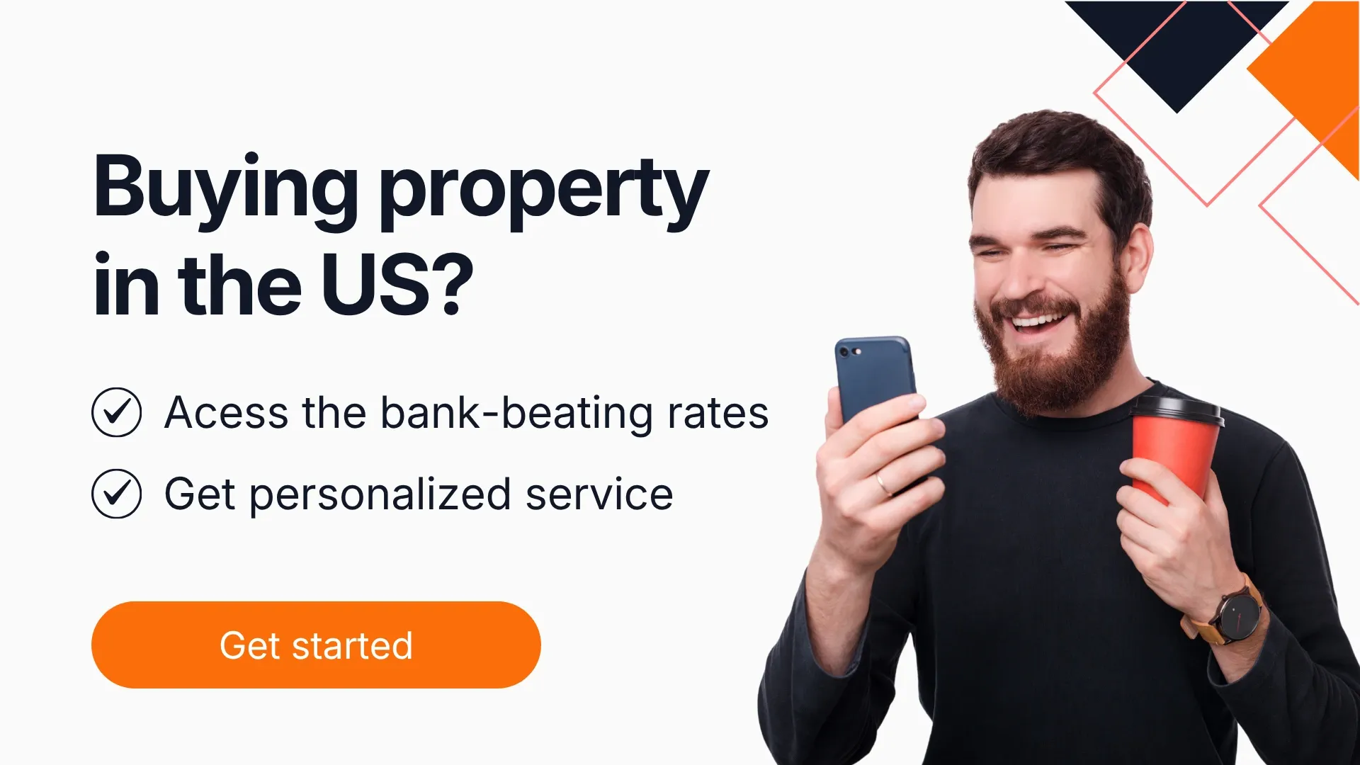 MTFX promotional banner showing a man holding a phone and coffee cup beside the text that includes benefits, bank-beating exchange rates and personalized service from MTFX.