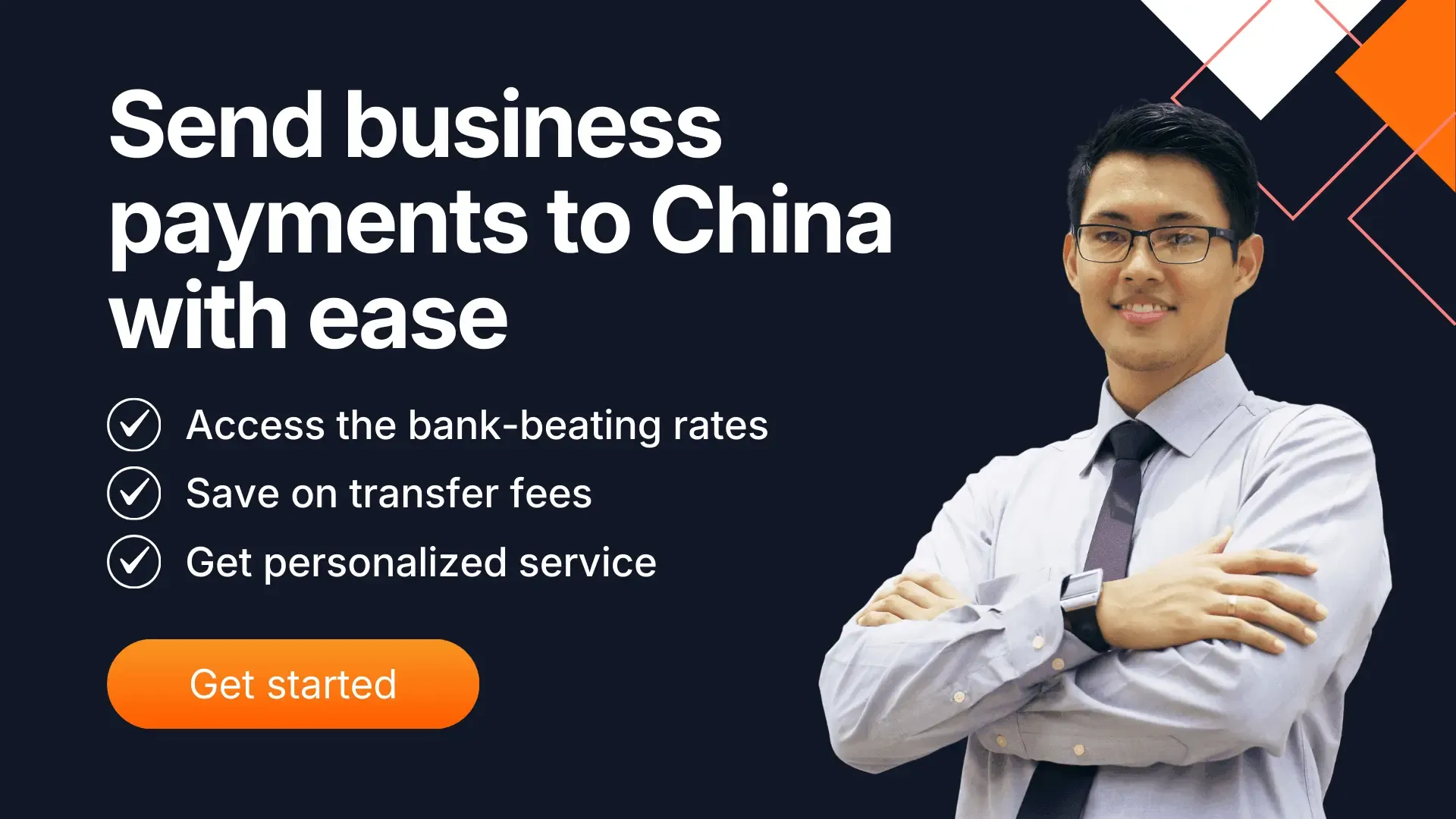 MTFX banner promoting fast and secure business payments from Canada to China. It highlights bank-beating exchange rates, low transfer fees, and personalized service, encouraging users to get started with MTFX’s international payment solutions.