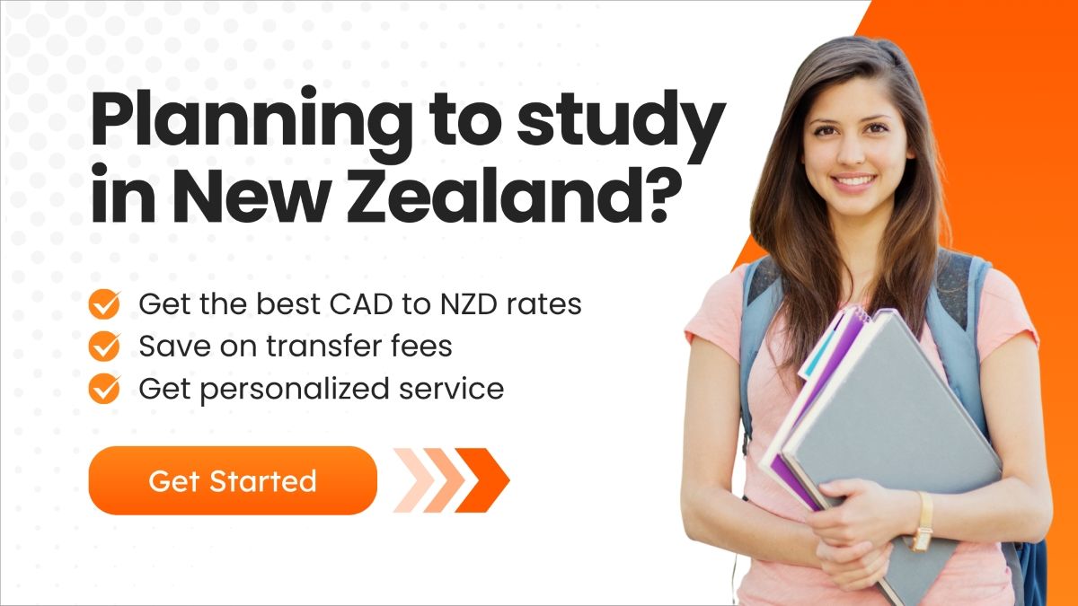A young woman with books and a backpack, promoting CAD to NZD exchange rates and personalized services for students planning to study in New Zealand.
