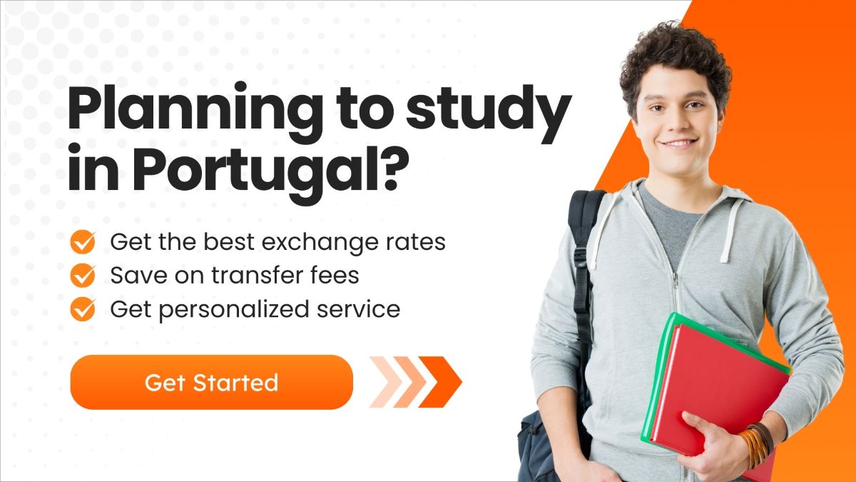 A smiling student holding books, promoting personalized services and cost-effective options for studying in Portugal.