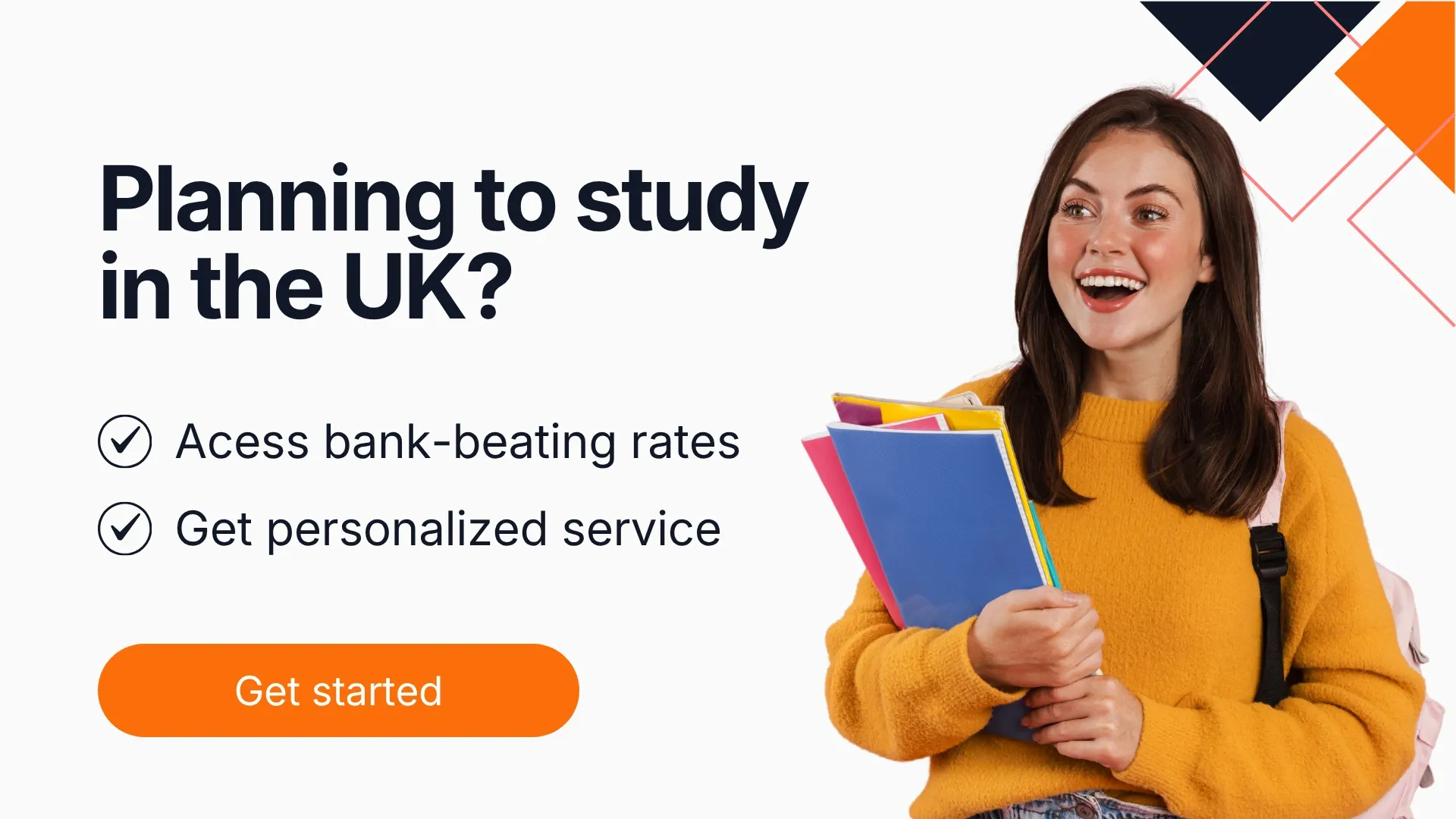 Canadian student planning to study in the UK holding books and folders with MTFX promotion for bank-beating CAD to GBP rates and international tuition transfers.