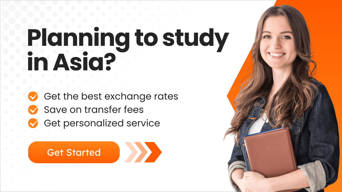 A banner promoting to study in Asia with a button and smiling girl. 