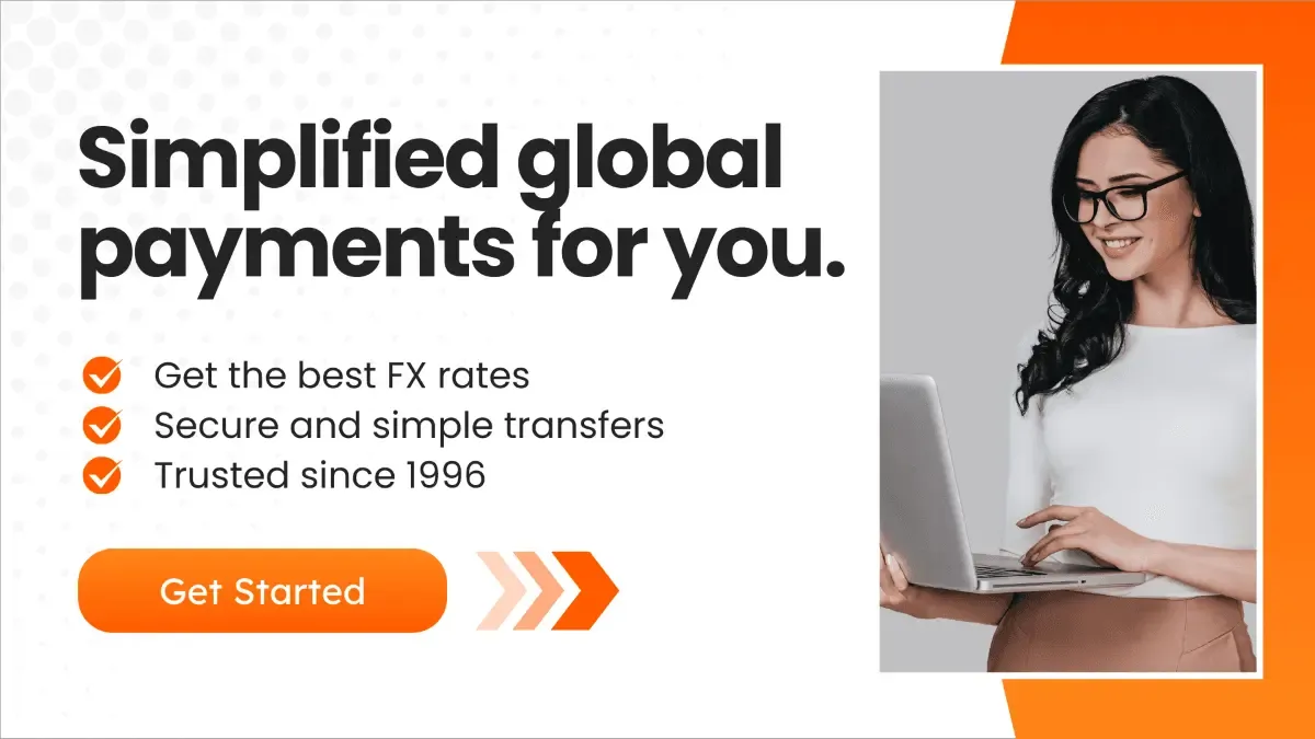 A banner showcasing the benefits of MTFX, featuring a call-to-action button and a smiling businesswoman working on a laptop.