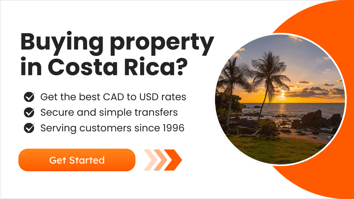 CTA Visual featuring a scenic view of a sunset on a Costa Rican beach with palm trees and ocean.
