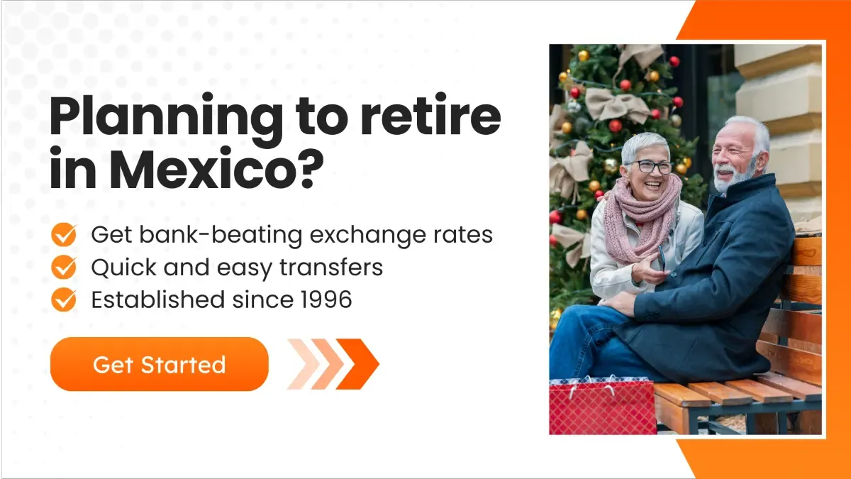 A banner with the text, showcasing benefits of retiring in Mexico with MTFX, a button, and a couple image smiling and sitting on bench.