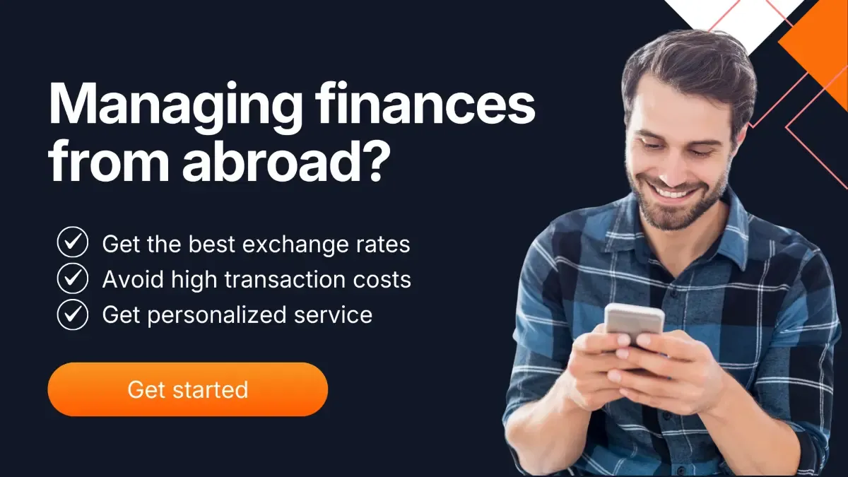 Man managing international finances on smartphone with message about better exchange rates and lower transfer costs.