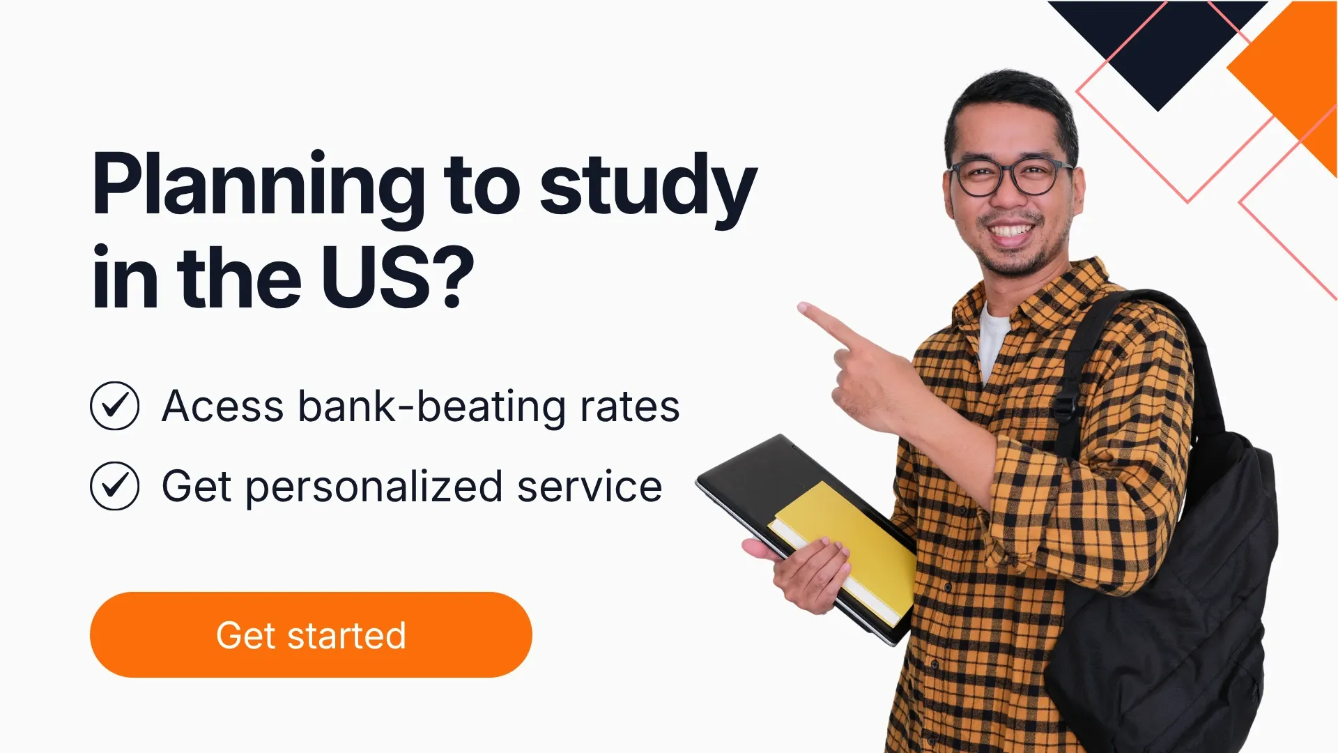 MTFX study abroad banner featuring a student and promoting bank-beating exchange rates with a “Get started” button.