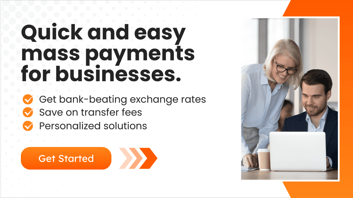 A digital advertisement banner promoting better exchange rates than traditional banks, encouraging users to compare rates. The design includes geometric orange elements and a call-to-action button labeled "Compare Rates."