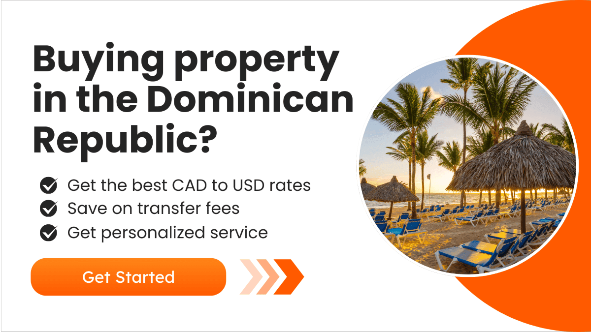 CTA visual listing down MTFX selling points and featuring an image of a beach in the Dominican Republic with relaxing seats and palm trees.
