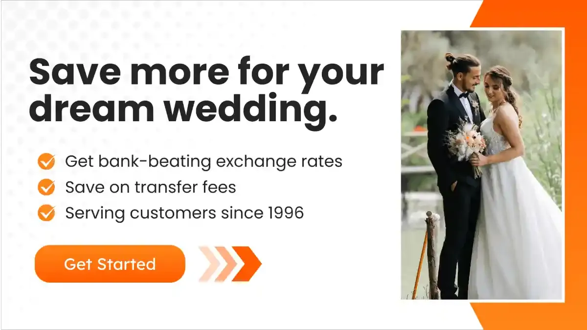 Promotional banner offering better exchange rates and no transfer fees to help fund your destination wedding