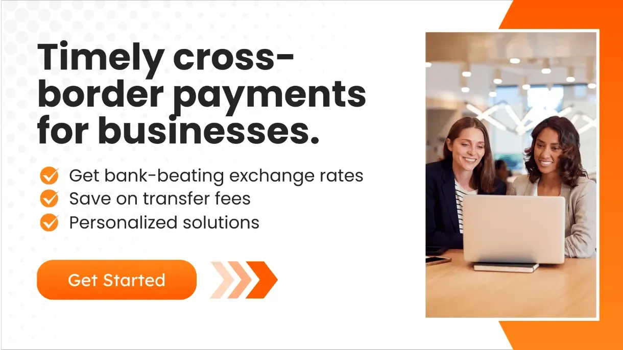An advertisement showcasing timely cross-border payments for businesses with features such as bank-beating exchange rates, saving on transfer fees, and personalized solutions. The image includes two women smiling and working on a laptop.