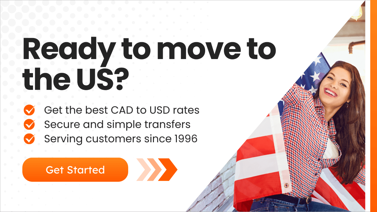 A promotional banner with the text 'Ready to move to the US?' highlighting benefits of MTFX with a smiling woman is featured alongside a prominent button.