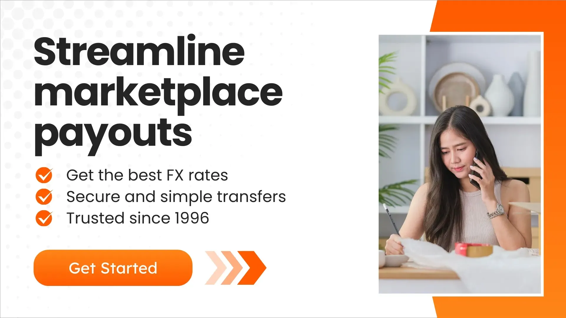A promotional banner having a picture of a woman on phone preparing a package with text, promoting MTFX’s streamlined marketplace payouts with best FX rates, secure transfers, and a trusted service since 1996.