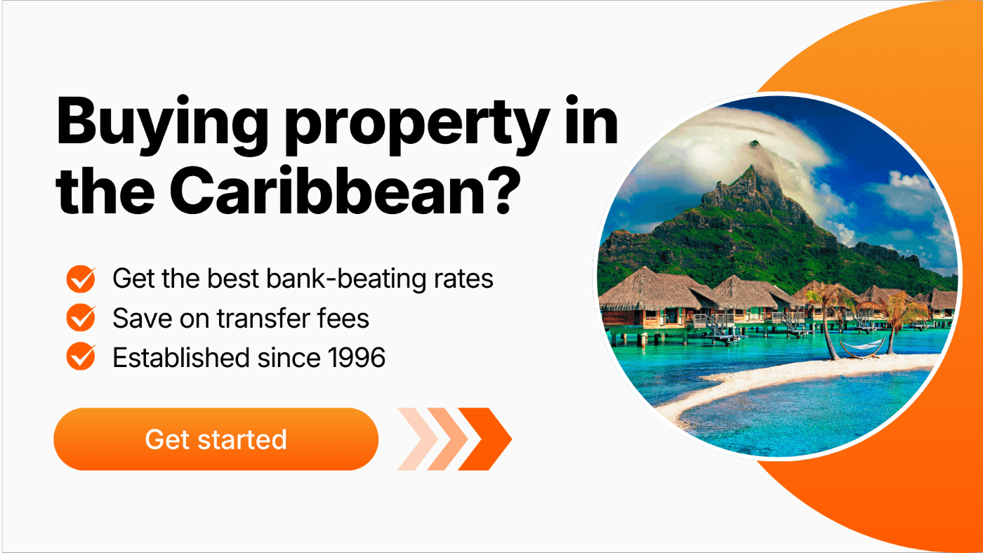 MTFX call-to-action banner for buying property in the Caribbean, highlighting low transfer fees, best exchange rates, and a 'Get started' button alongside a tropical beach image.