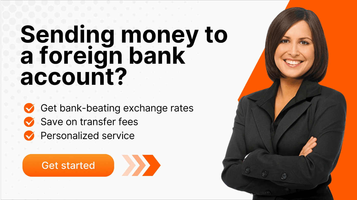 Promotional graphic for sending money to foreign bank accounts featuring a smiling woman in business attire and text highlighting exchange rates, transfer savings, and personalized service.