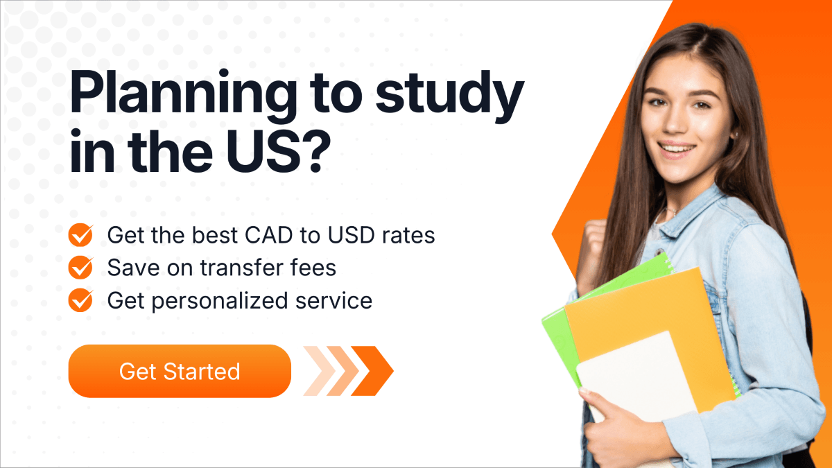 Student with notebooks beside a banner promoting CAD to USD transfers for studying in the US.