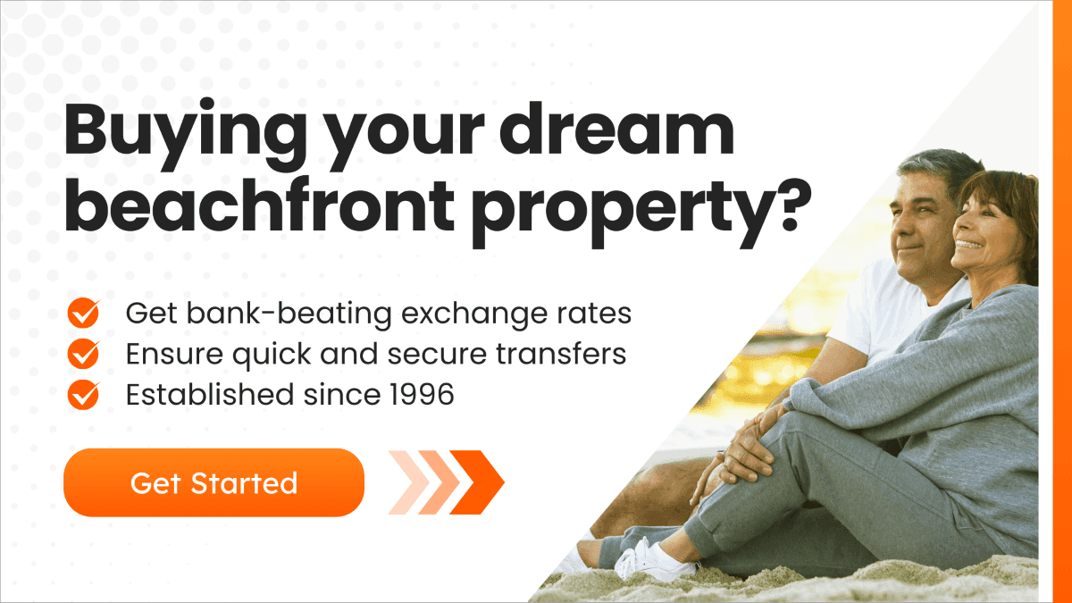 MTFX promotional image featuring a couple sitting on the beach, promoting international property transactions.
