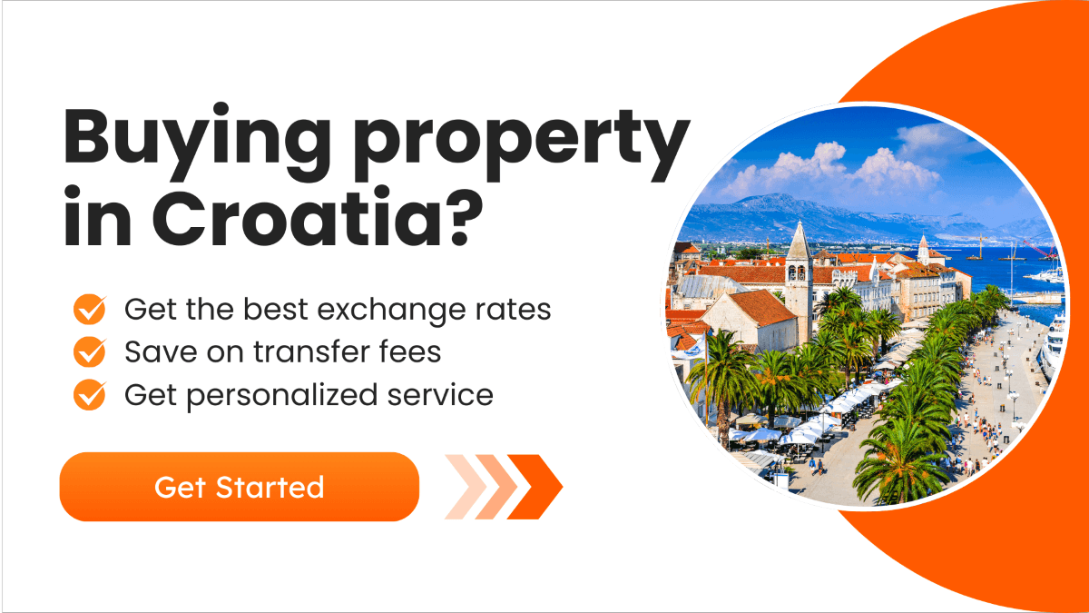 Promotional banner showing Split, Croatia with text promoting currency exchange and transfer services for Canadians buying property.