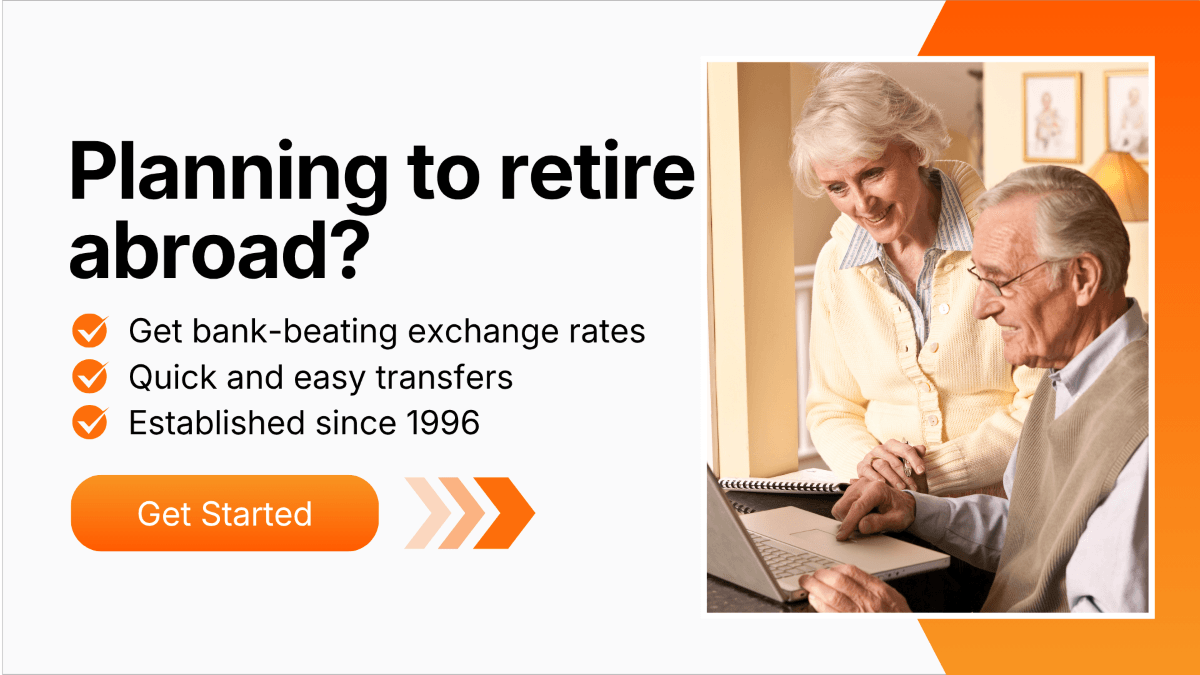 A banner of with a text about choosing MTFX to transfer money abroad with a button and smiling couple. 