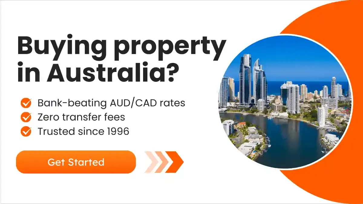 Promotional banner for buying property in Australia featuring Gold Coast skyline and text highlighting bank-beating AUD/CAD rates, zero transfer fees, and long-standing trust.
