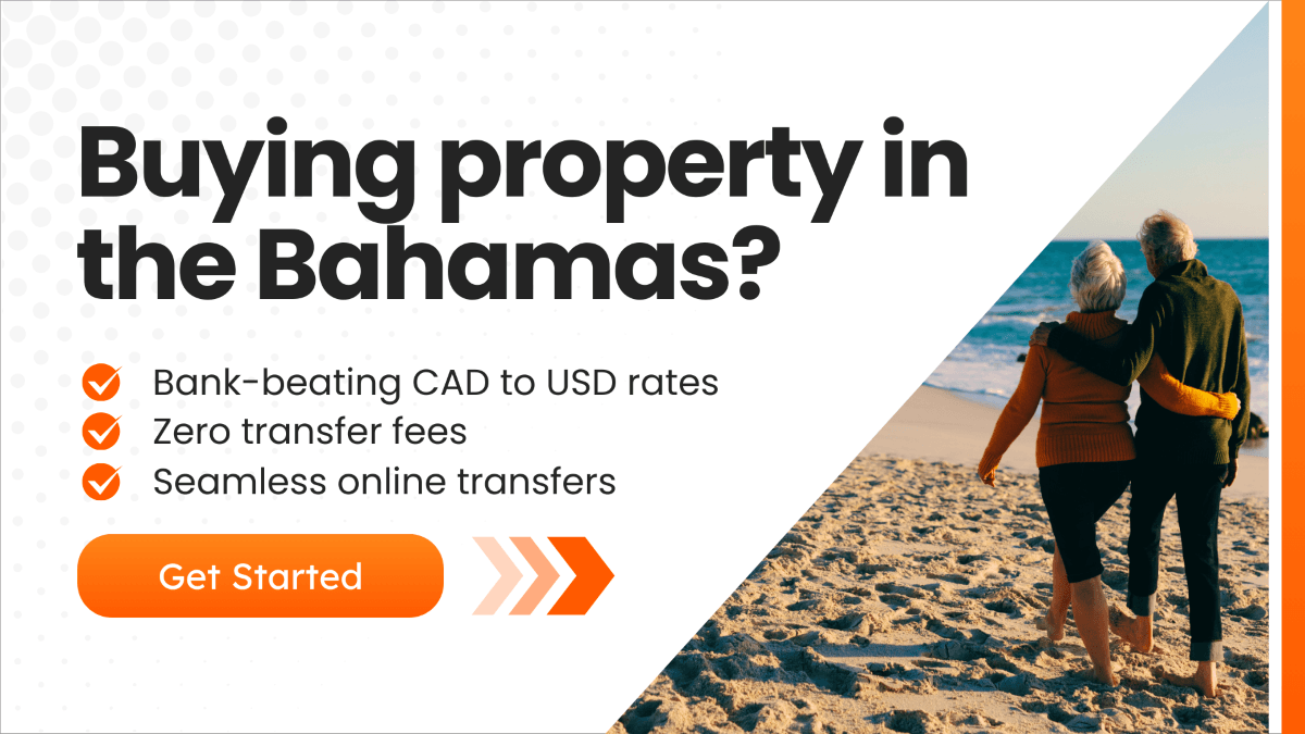 Senior couple walking along a sandy beach in the Bahamas with ocean waves in the background – MTFX property transfer service promotion