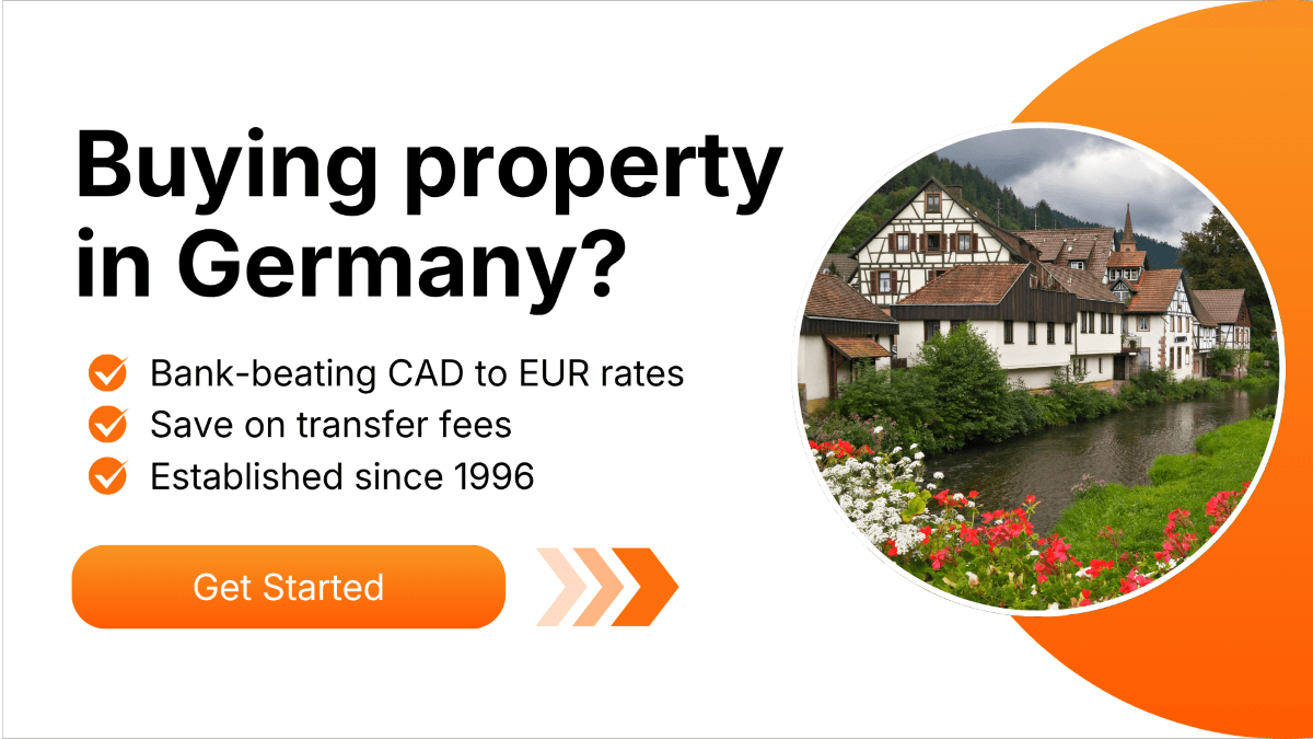 Call-to-action banner for Canadians buying property in Germany, featuring a scenic village with half-timbered houses and flowers.