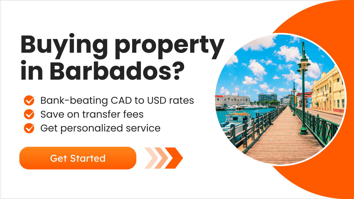 CTA banner promoting property buying in Barbados with text and an image of a colorful pier and waterfront buildings.