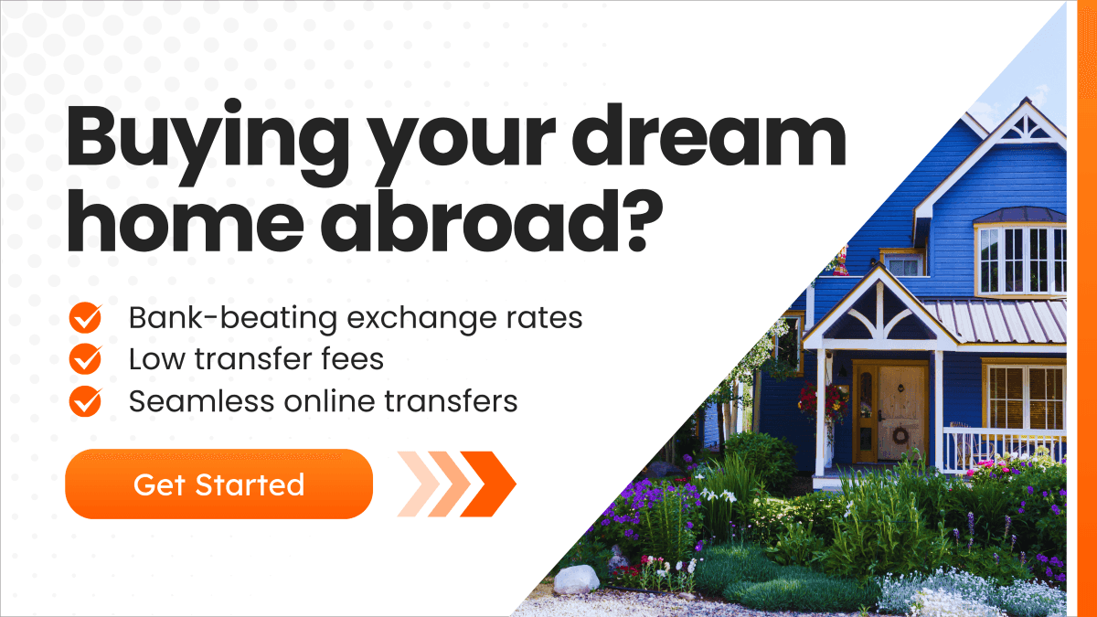 CTA banner promoting international property purchases with benefits like low transfer fees and exchange rates, showing a blue house and “Get Started” button.