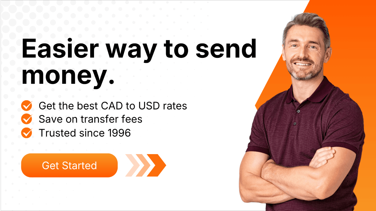 Smiling man standing next to text promoting an easier way to send money with MTFX.