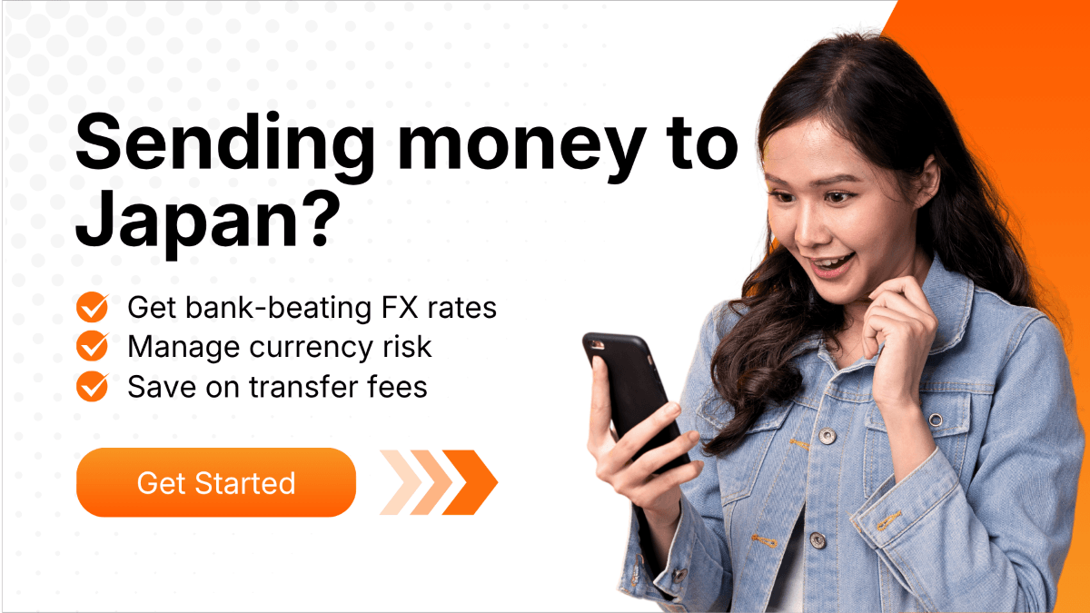 A woman holding a smartphone with the banner text: Sending money to Japan? Get bank-beating FX rates, manage currency risk, save on transfer fees, and a Get Started button.