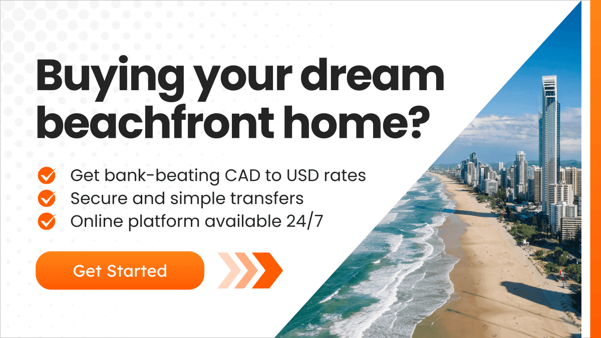 Promotional banner showing a beachside cityscape with the text 'Buying your dream beachfront home?' and bullet points highlighting CAD to USD rates, secure transfers, and 24/7 platform access.