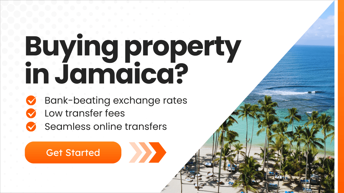 Banner for buying property in Jamaica with bank-beating exchange rates, low fees, and seamless online transfers. Includes a tropical beach background and Get Started button.