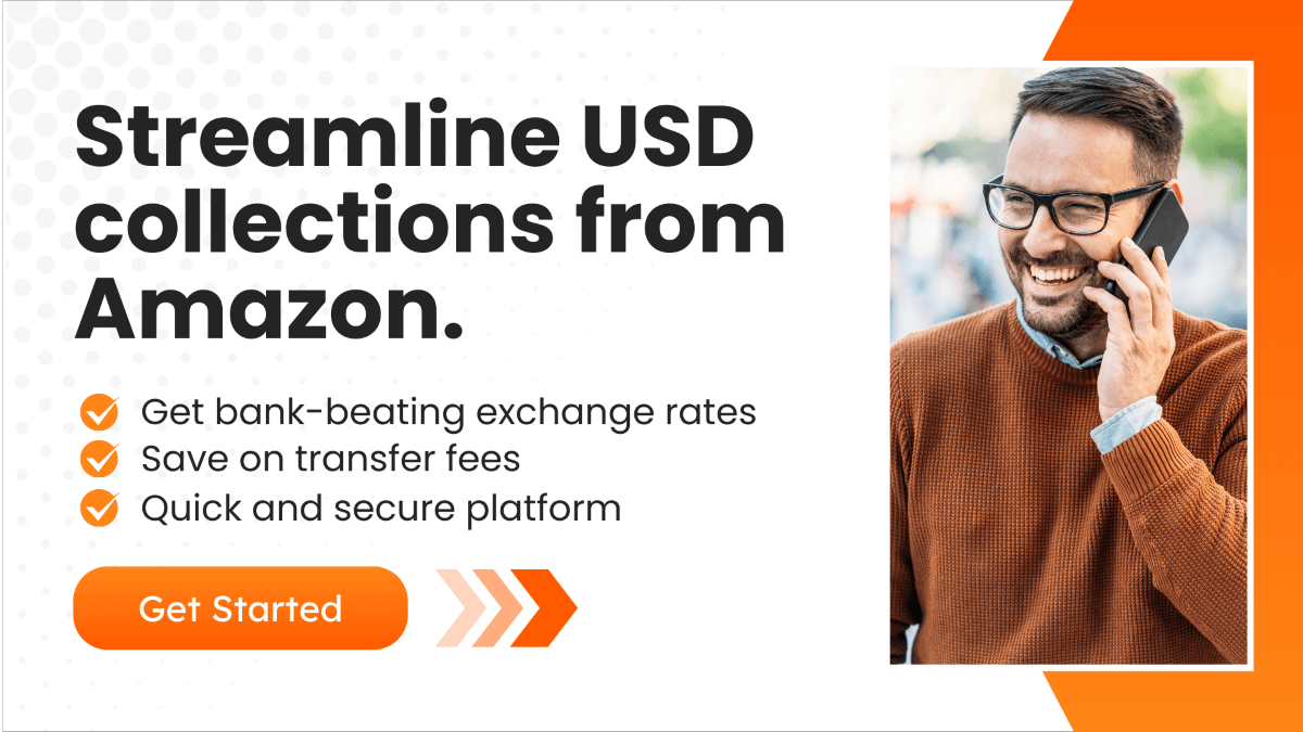 CTA Visual featuring an image of a smiling amazon seller talking on mobile phone..