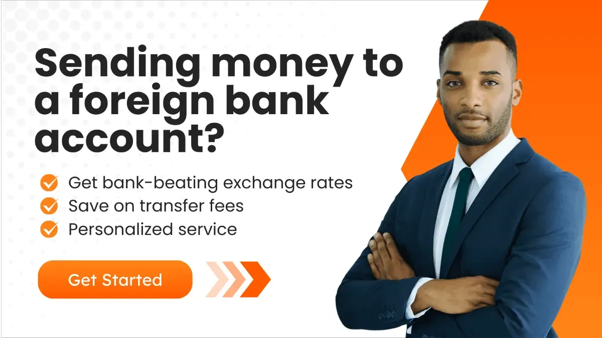 Confident man in a suit beside a CTA banner offering help to transfer money to a foreign bank account with better rates and service.