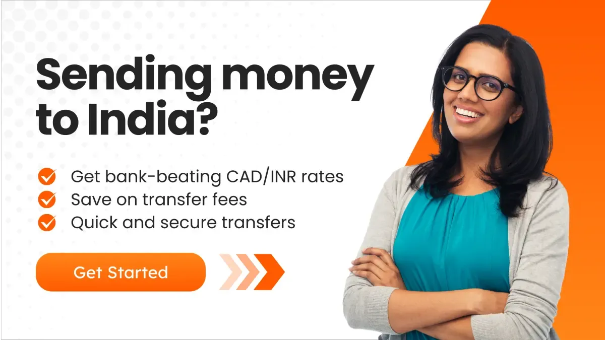 Confident woman beside text encouraging Canadians to send money to India with low fees and secure transfers