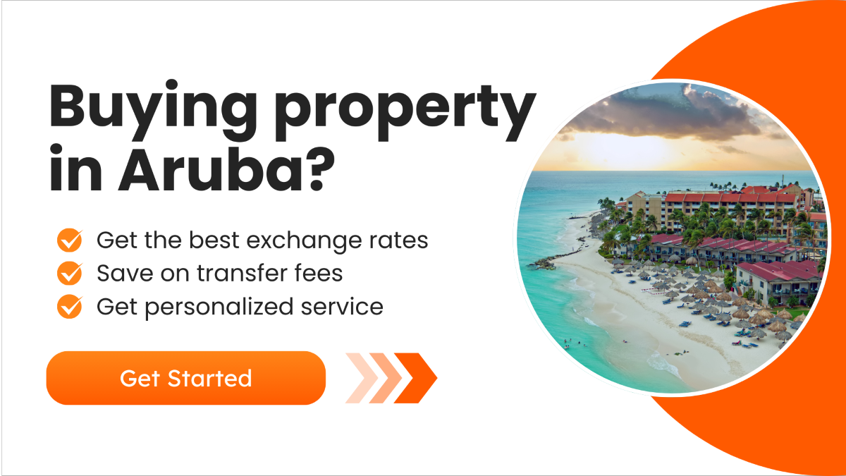 Marketing graphic featuring a beachfront resort in Aruba at sunset, with text promoting CAD to local currency exchange, transfer savings, and personalized service.