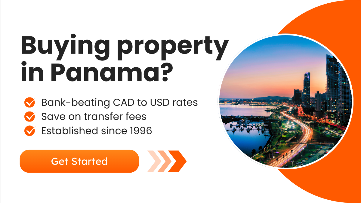 Banner showing Panama City at dusk with text promoting CAD to USD exchange rates, zero transfer fees, and a "Get Started" button.