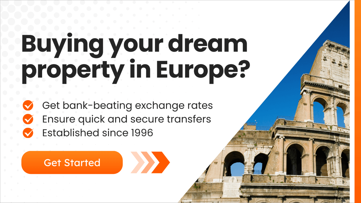 Promotional graphic with the message "Buying your dream property in Europe?" highlighting exchange rate savings, fast transfers, and MTFX’s experience since 1996.