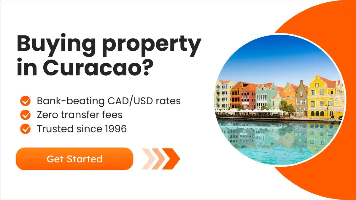 Marketing banner for Canadians buying property in Curacao, featuring colorful Dutch-style waterfront buildings and a “Get Started” button.