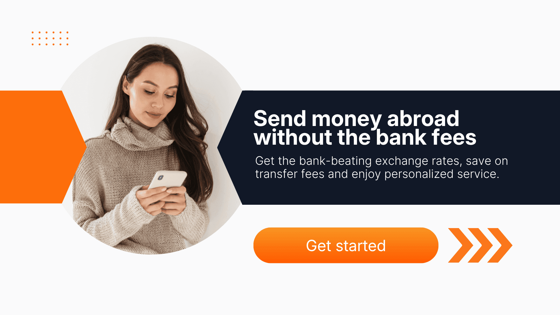 Woman using a smartphone with a banner promoting bank-beating exchange rates and low transfer fees for sending money abroad.