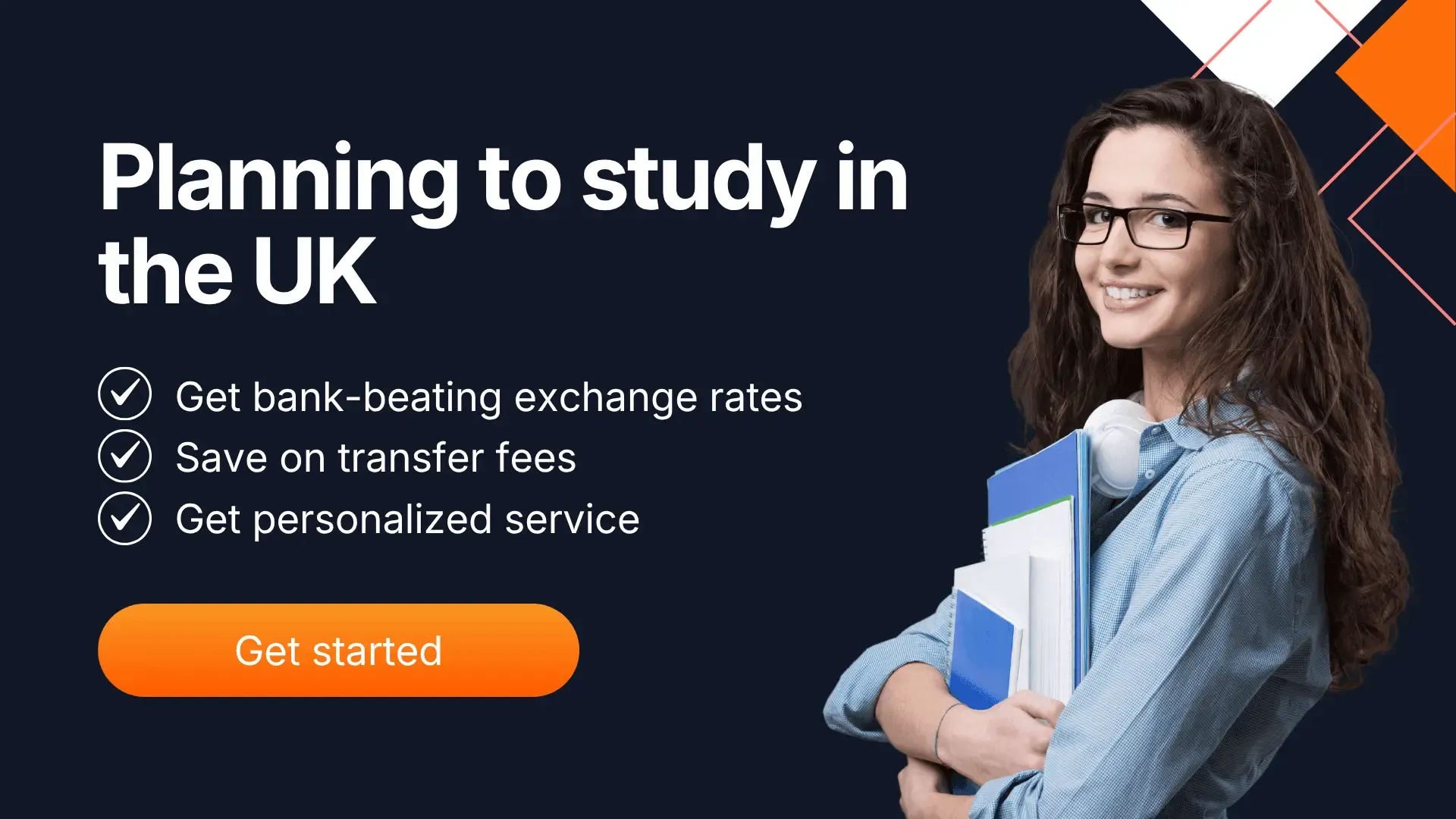 A vibrant CTA banner featuring a confident student holding a notebook, with the text "Planning to study in UK?" highlighting benefits like the best rates, savings on transfer fees, and personalized services.