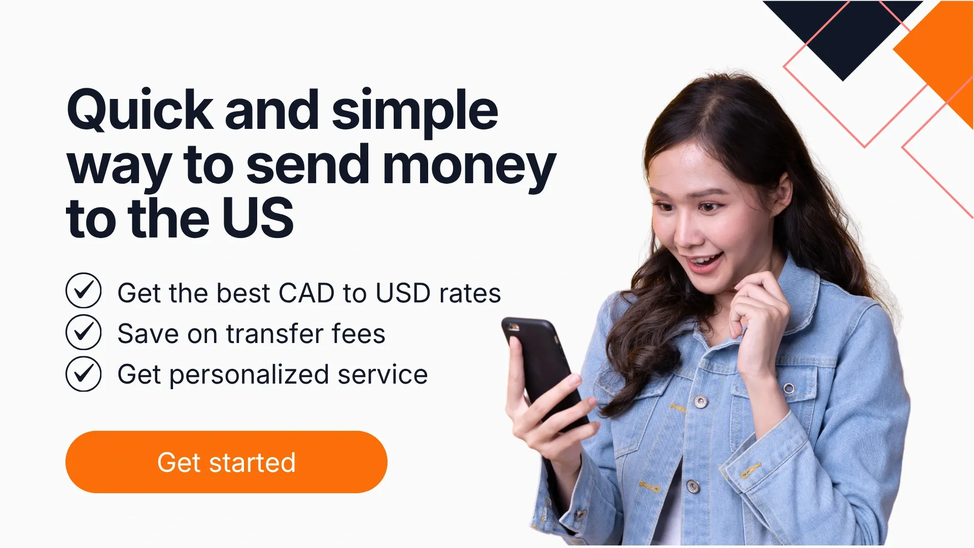 MTFX banner promoting fast and simple money transfers to the USA with competitive CAD to USD rates, low fees, and personalized service.