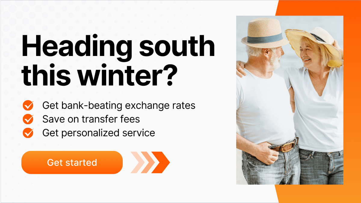 Promotional graphic with a smiling senior couple in sun hats and beach attire, encouraging users to save on transfers for winter travel.