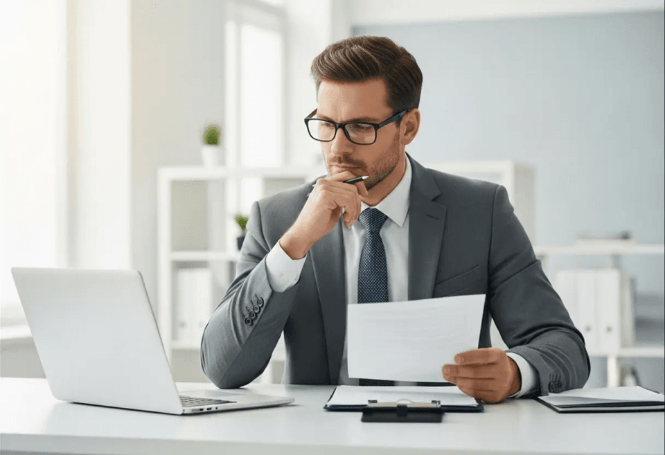 Business professional reviewing documents and working on a laptop, representing decision-making when choosing between a sole proprietorship and a corporation in Canada.