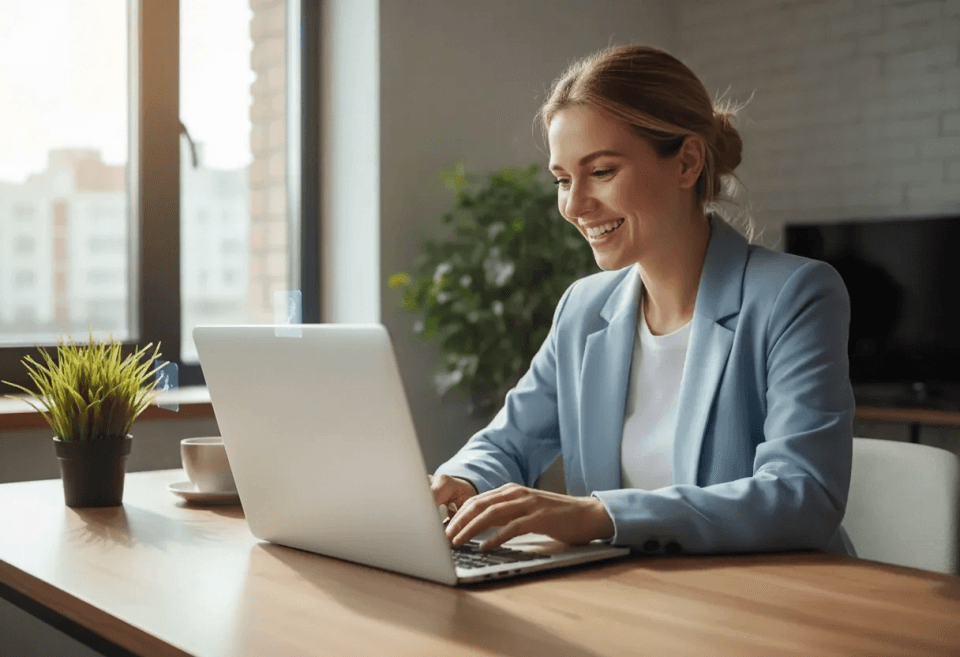 A woman in a light blue blazer smiles while working on a laptop at a bright, modern desk with a plant and coffee cup nearby, sunlight coming through the window behind her.