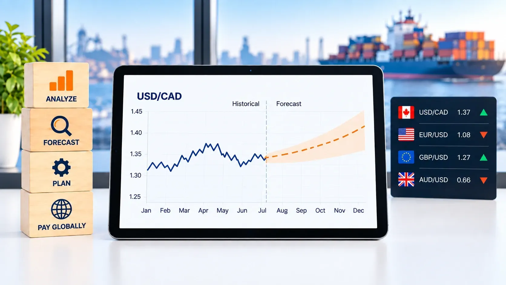 Tablet displaying a USD/CAD currency forecast chart with historical and projected exchange rates, alongside global currency rates and business planning blocks.